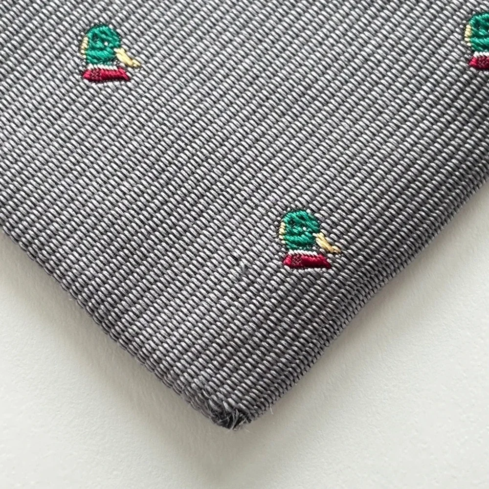 Lands End Silk Tie Gray Mallard Duck All Over Pattern Woven In England Jacquard